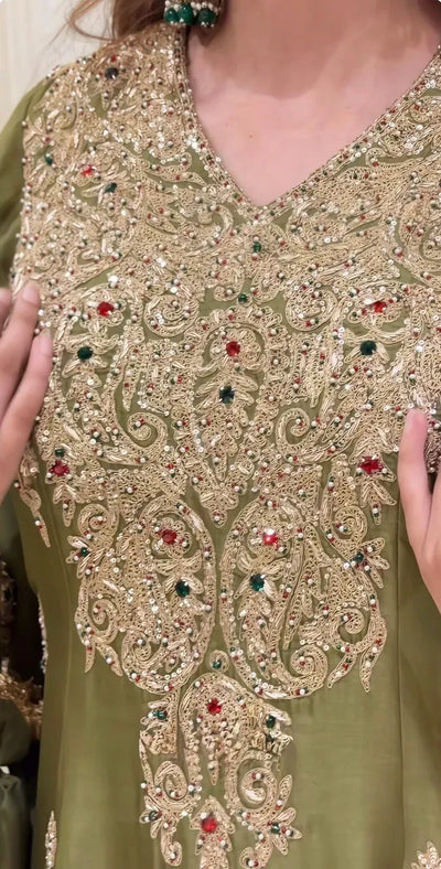 Designer Roman Silk Suit Set - Heavy Embroidery for Festive Wear