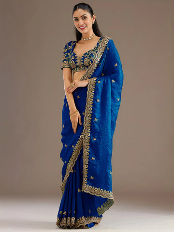 Designer Royal Blue Tissue Saree - Heavy Work for Weddings