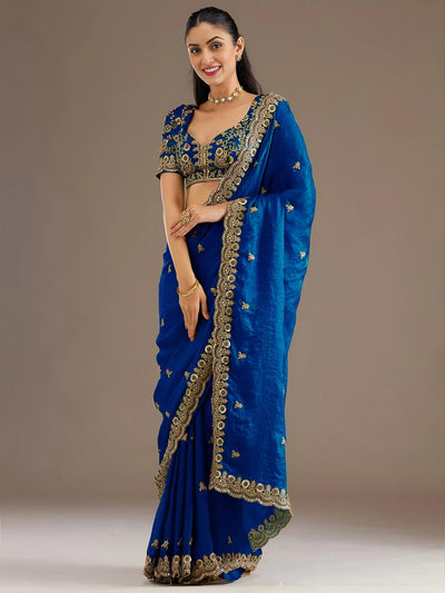 Designer Royal Blue Tissue Saree - Heavy Work for Weddings