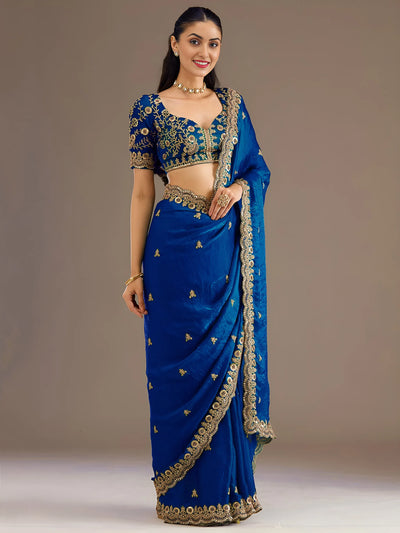 Designer Royal Blue Tissue Saree - Heavy Work for Weddings