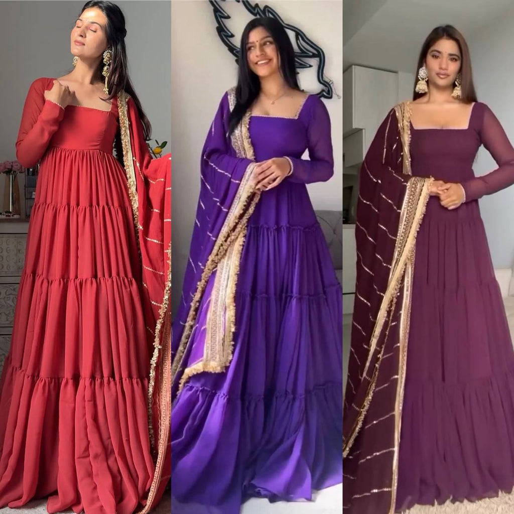 Three models showcasing Designer Ruffle Style Anarkali Gowns in Red, Purple, and Plum colors, ethnic wear.