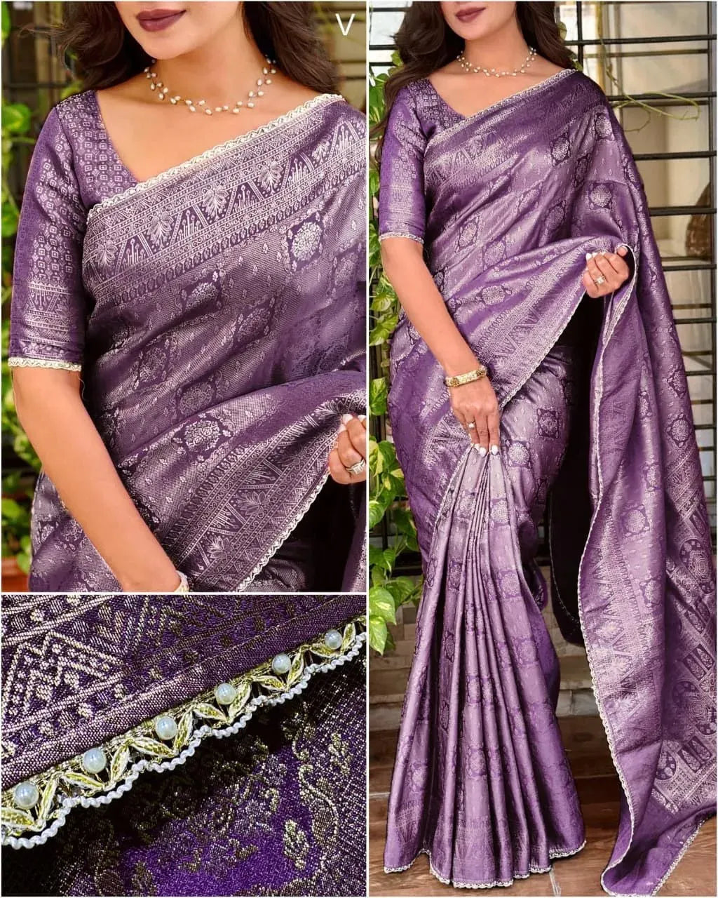 Model posing in purple satin jacquard silk saree with matching blouse and pearl lace border