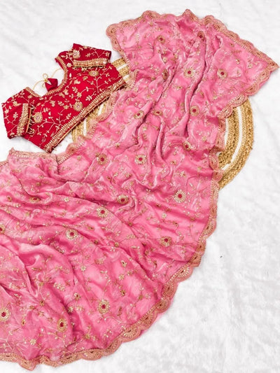 Designer Satin Saree - Heavy Sequence Work Festive Saree with Stitched Blouse