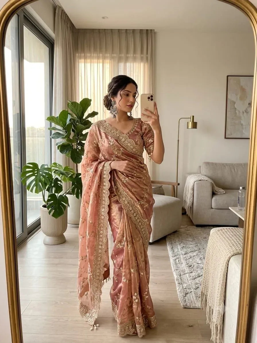 Woman wearing peach embroidered satin saree taking mirror selfie