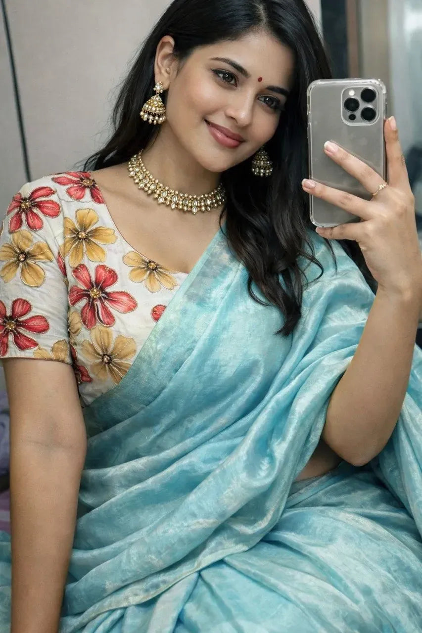 Woman wearing floral digital print blouse and light blue satin silk saree taking mirror selfie