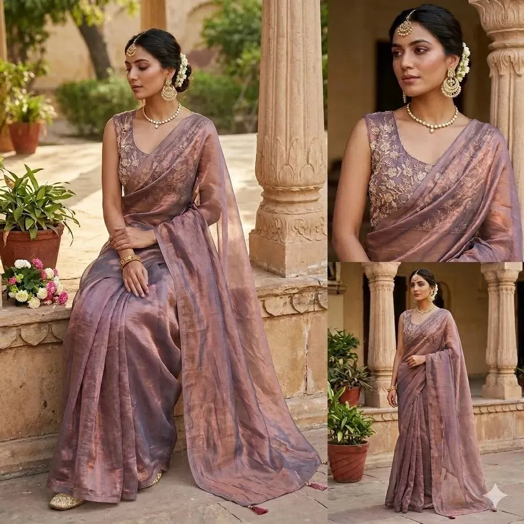 Model wearing designer purple satin silk saree with heavy beadwork blouse