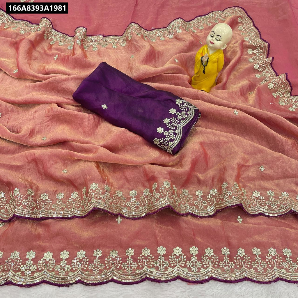Rose Gold Designer Satin Silk Saree with purple embroidered blouse, flat lay