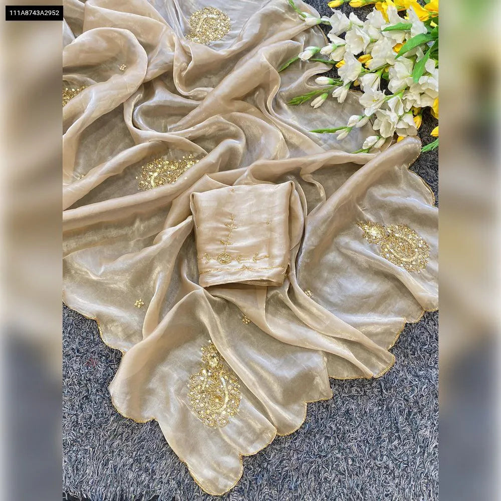 Elegant TRENDBUY Satin Silk Saree in Champagne Gold, beautifully spread out to showcase designer Khatli handwork and scalloped border.