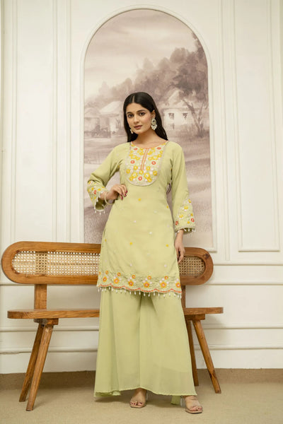 Designer Sea Green Sharara Set - Heavy Thread Work Kurta for Women