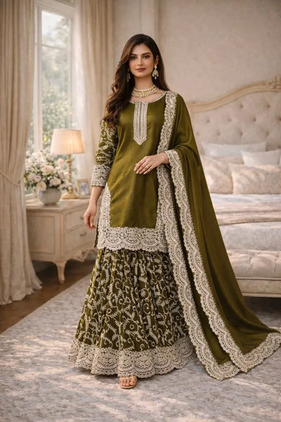 Premium Fandy Silk Embroidered Sharara Plazo Suit - Luxury Festive Party Wear Set