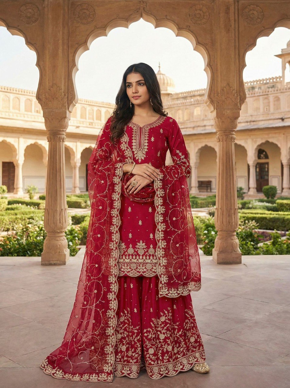 Beautiful woman in TRENDBUY Designer Rani Pink Sharara Suit with gold embroidery, posing outdoors in traditional setting.