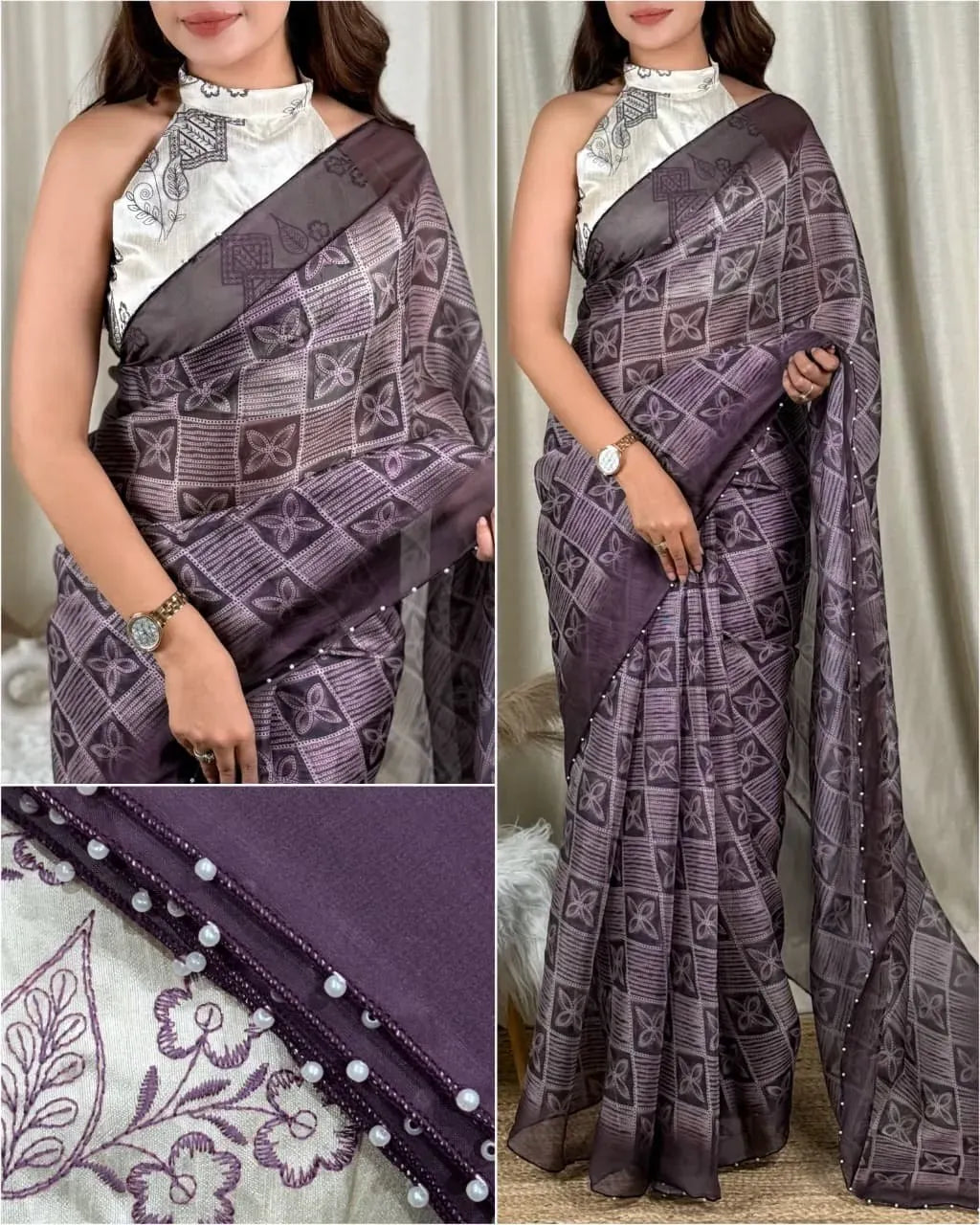 Model wearing purple shibori print organza saree with pearl border