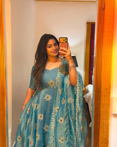 Designer Silk Gown Set - Heavy Thread & Sequence Work Festive Wear