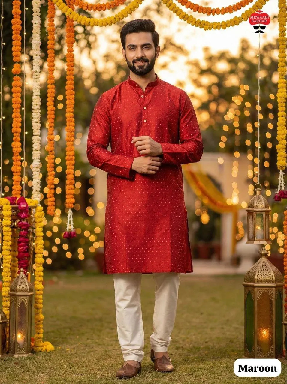 Model wearing maroon silk jacquard kurta with white pyjama outdoors