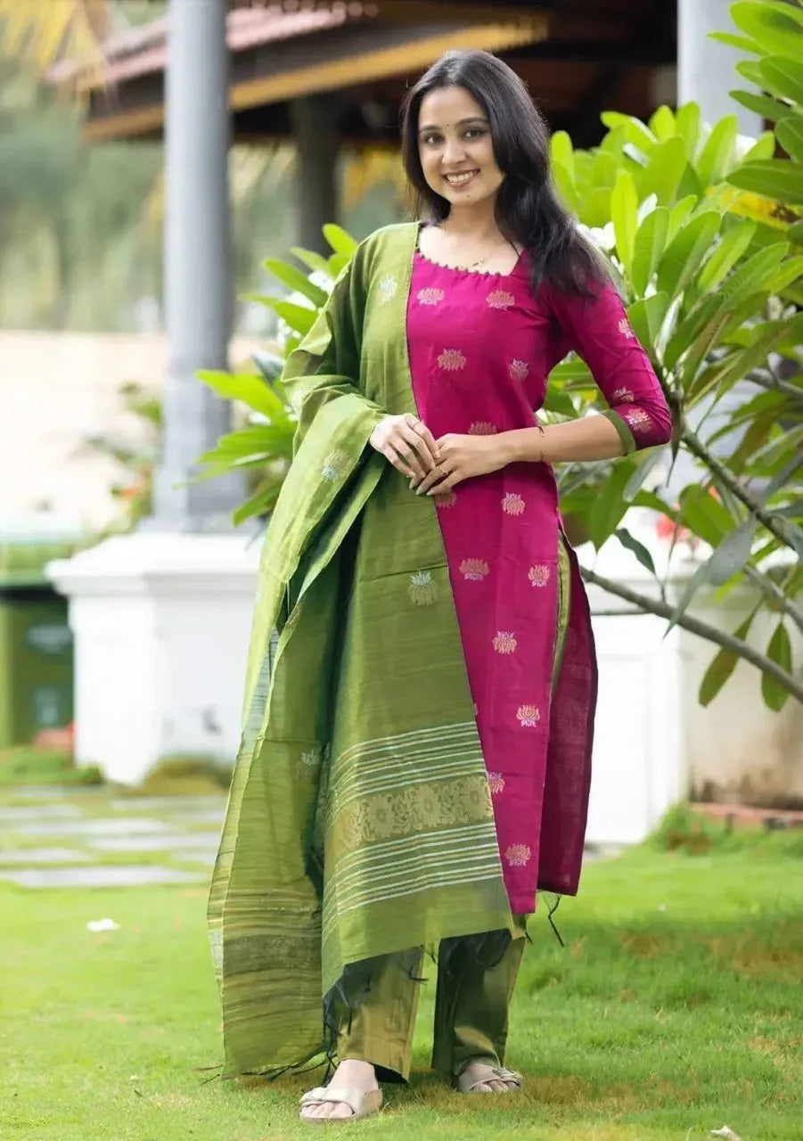Full body shot of model in pink kurta and green pant set
