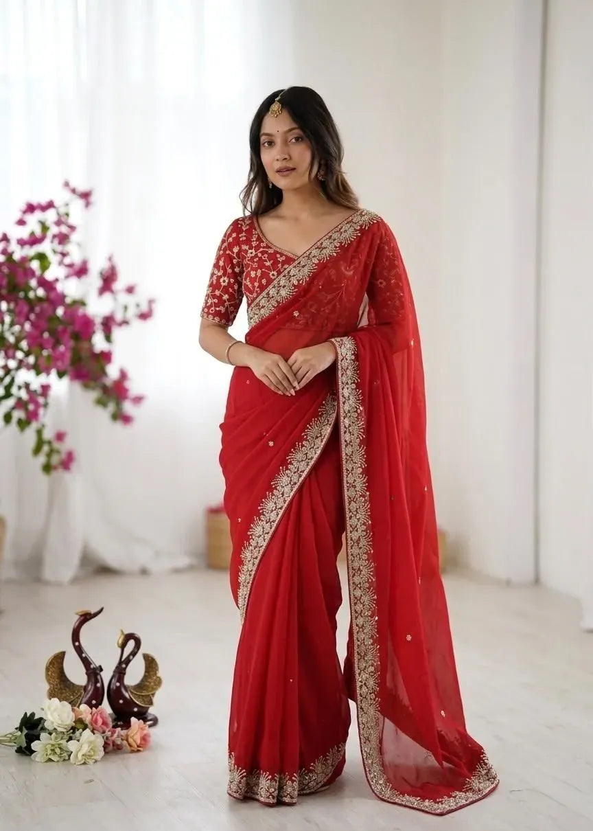 Front-facing model wearing traditional red silk saree with heavy embroidery