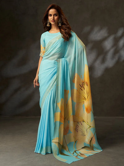 Designer Sky Blue Georgette Saree - Digital Printed Floral with Croset Work for Women