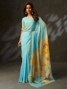 Designer Sky Blue Georgette Saree - Digital Printed Floral with Croset Work for Women