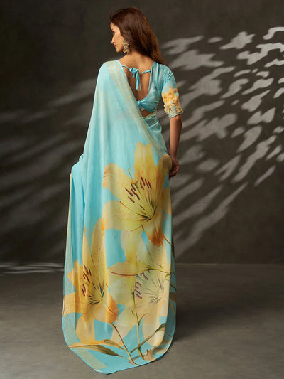 Designer Sky Blue Georgette Saree - Digital Printed Floral with Croset Work for Women