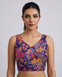 Designer Sleeveless Embroidered Saree Blouse with Adjustable Margins for Festive Wear