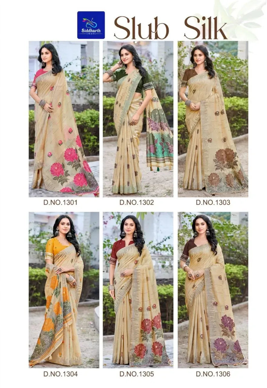 Catalog showcasing various colors of slub silk sarees on models