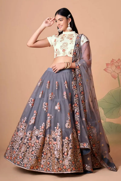 Designer Smoky Grey Lehenga Choli - Heavy Embroidery for Wedding Wear