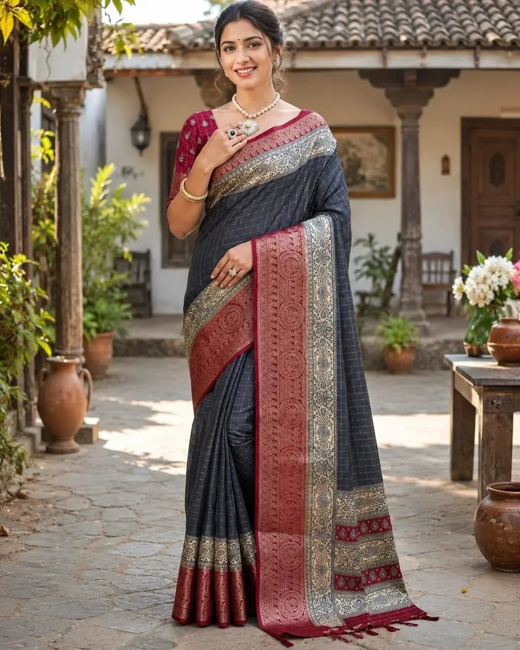 Model wearing a grey soft dola silk saree with rich red and gold zari border