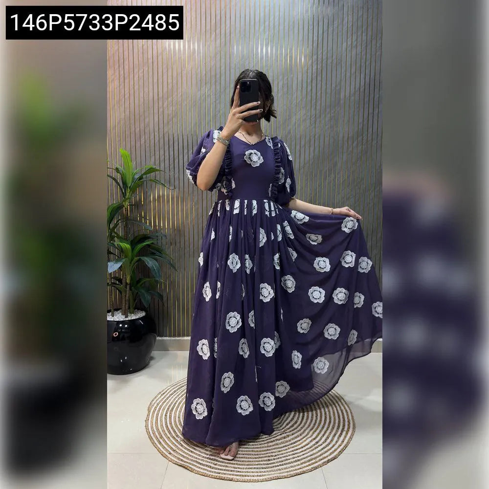 TRENDBUY Indigo Purple Faux Georgette Gown for women, model wearing a full-length dress with white floral thread work