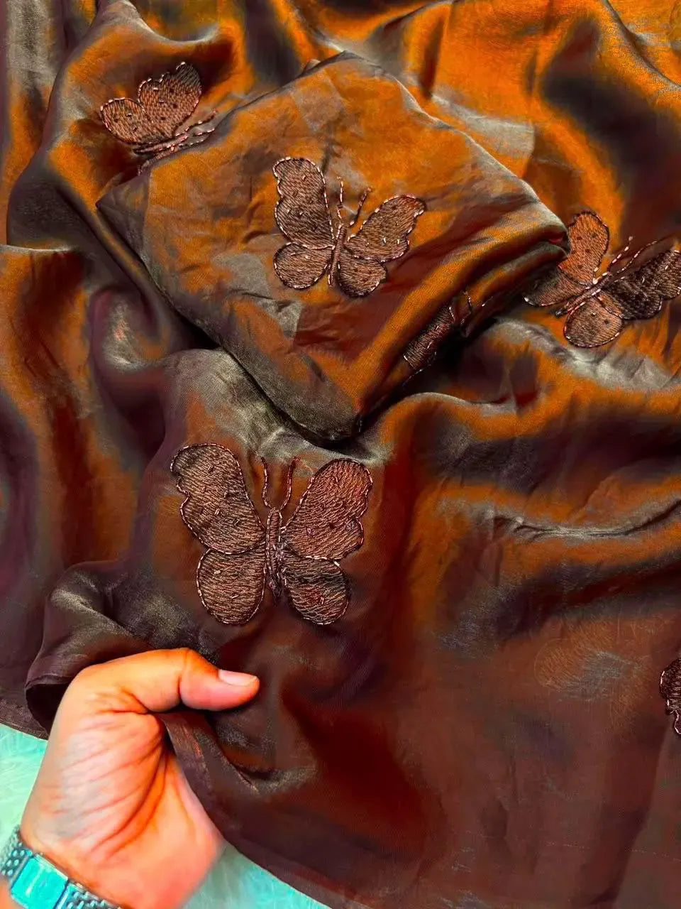 Brown space satin saree with sequence work butterfly embroidery