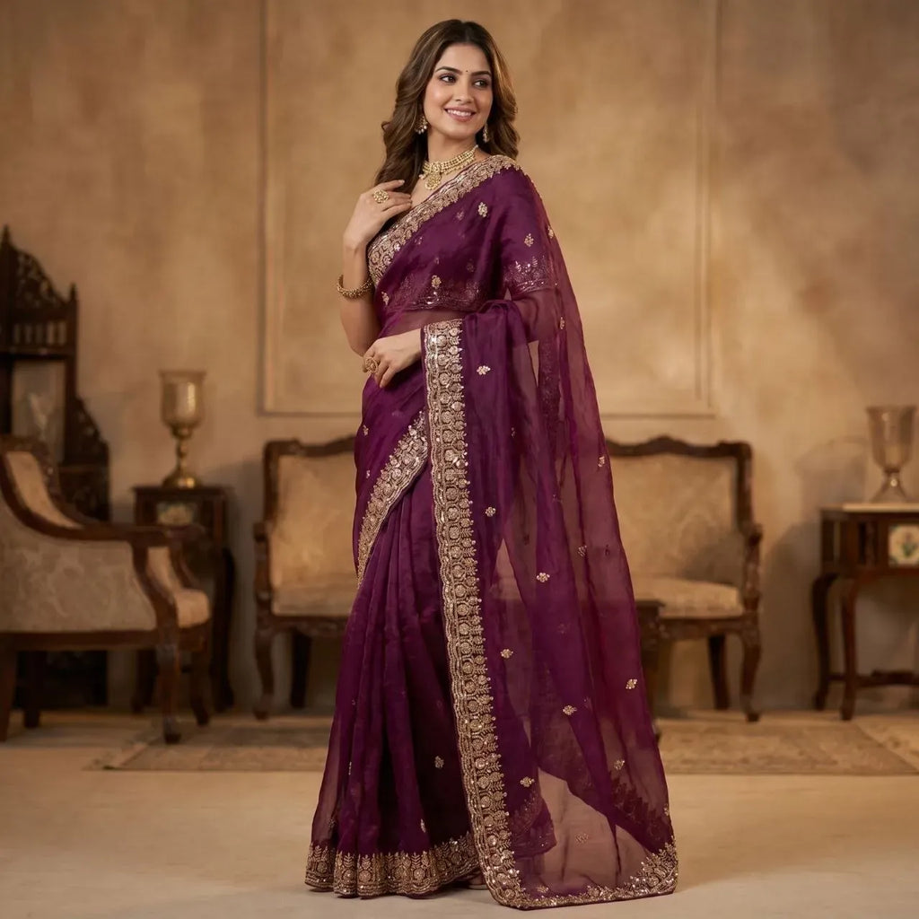 Model sitting on armchair wearing cream colored silk saree