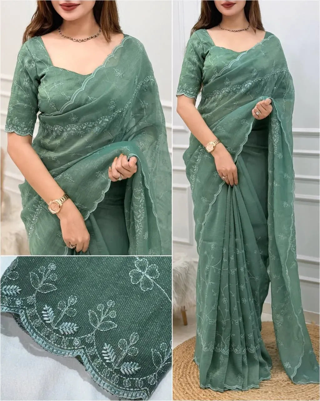 Model draped in elegant teal green status silk saree with heavy work