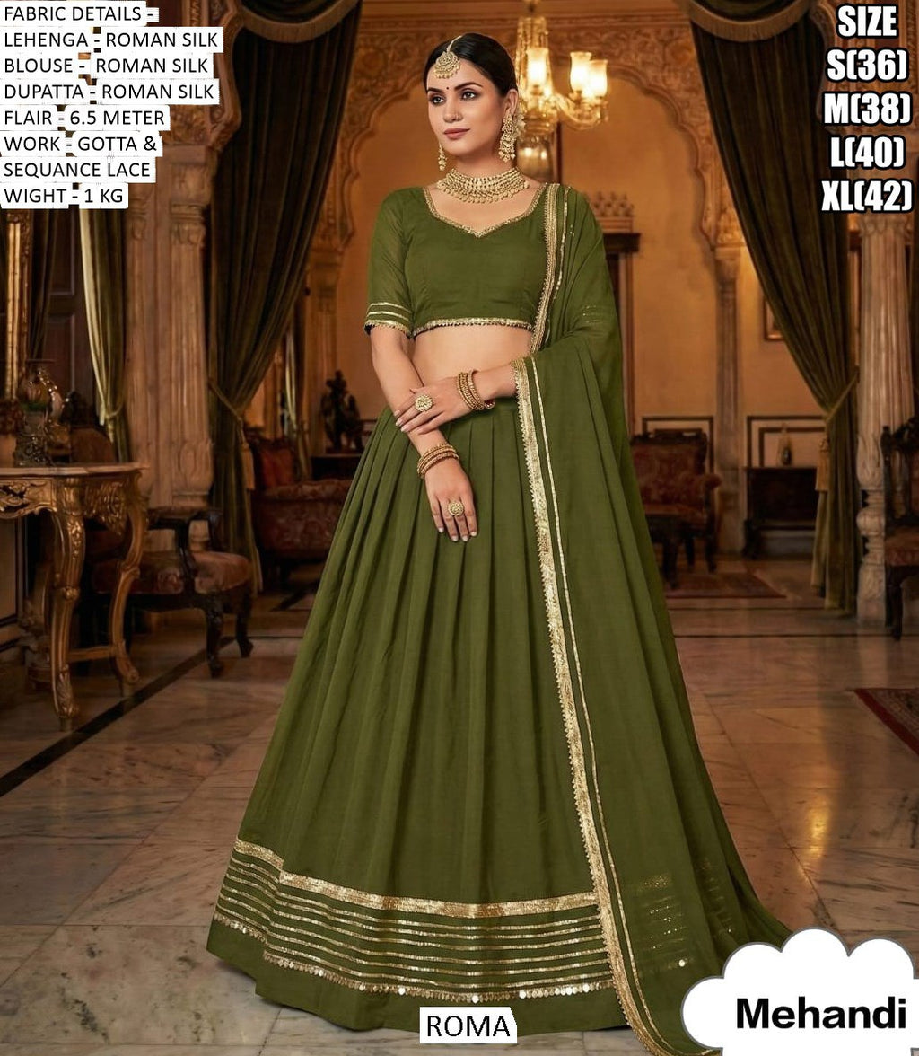 Designer Stitched Roman Silk Lehenga Choli in Mehandi Green for Women