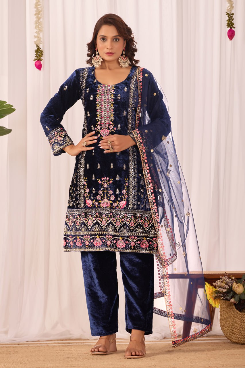 Women's Navy Blue Velvet Suit Set with Embroidery and Sequence Work, Dupatta, Full Body Model Front View