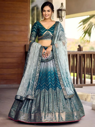 Designer Teal Ombre Lehenga Choli - Heavy Sequin Embroidery for Wedding Season