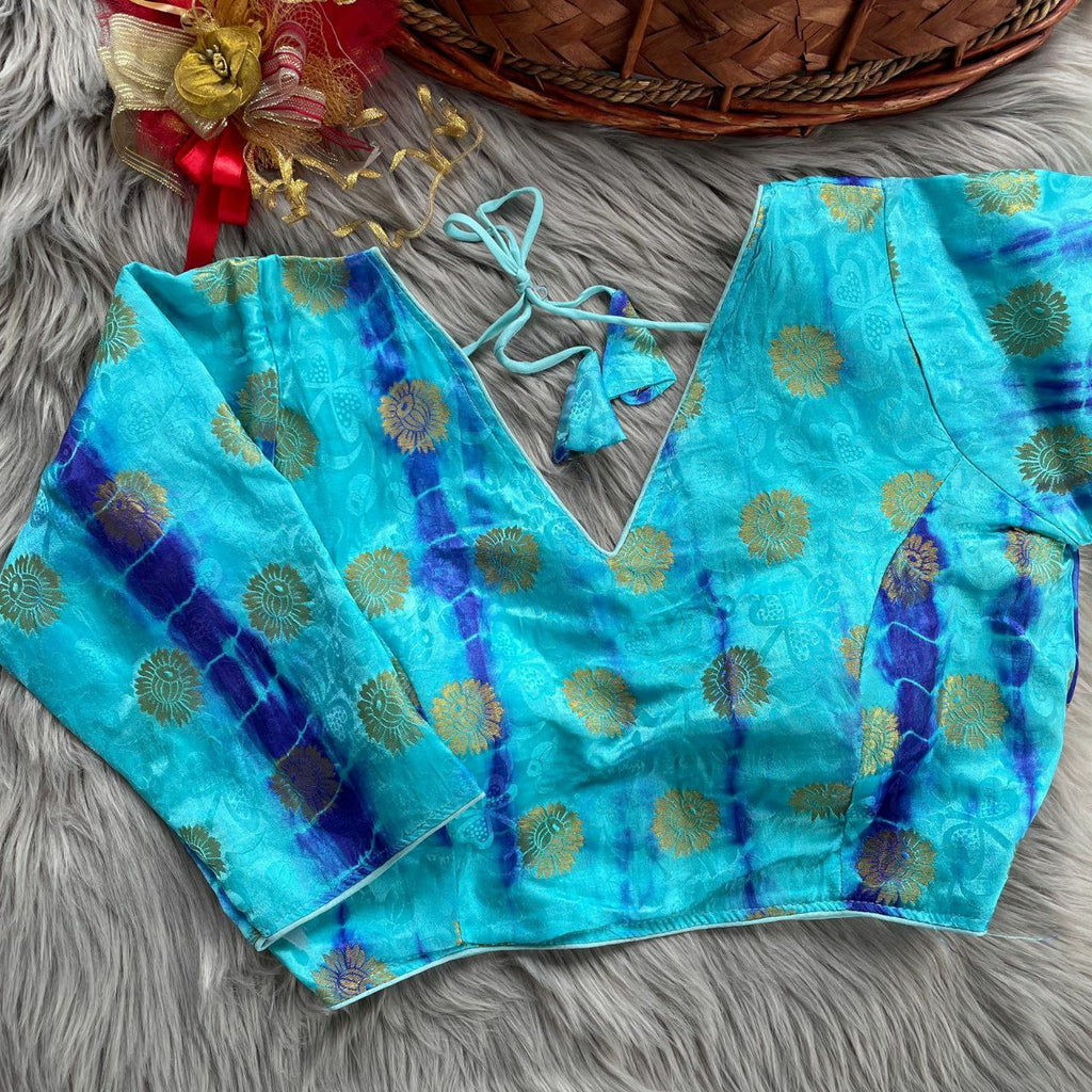 Aqua Blue Designer Tie-Dye Dola Silk Blouse with Golden Motifs and Latkans for Women