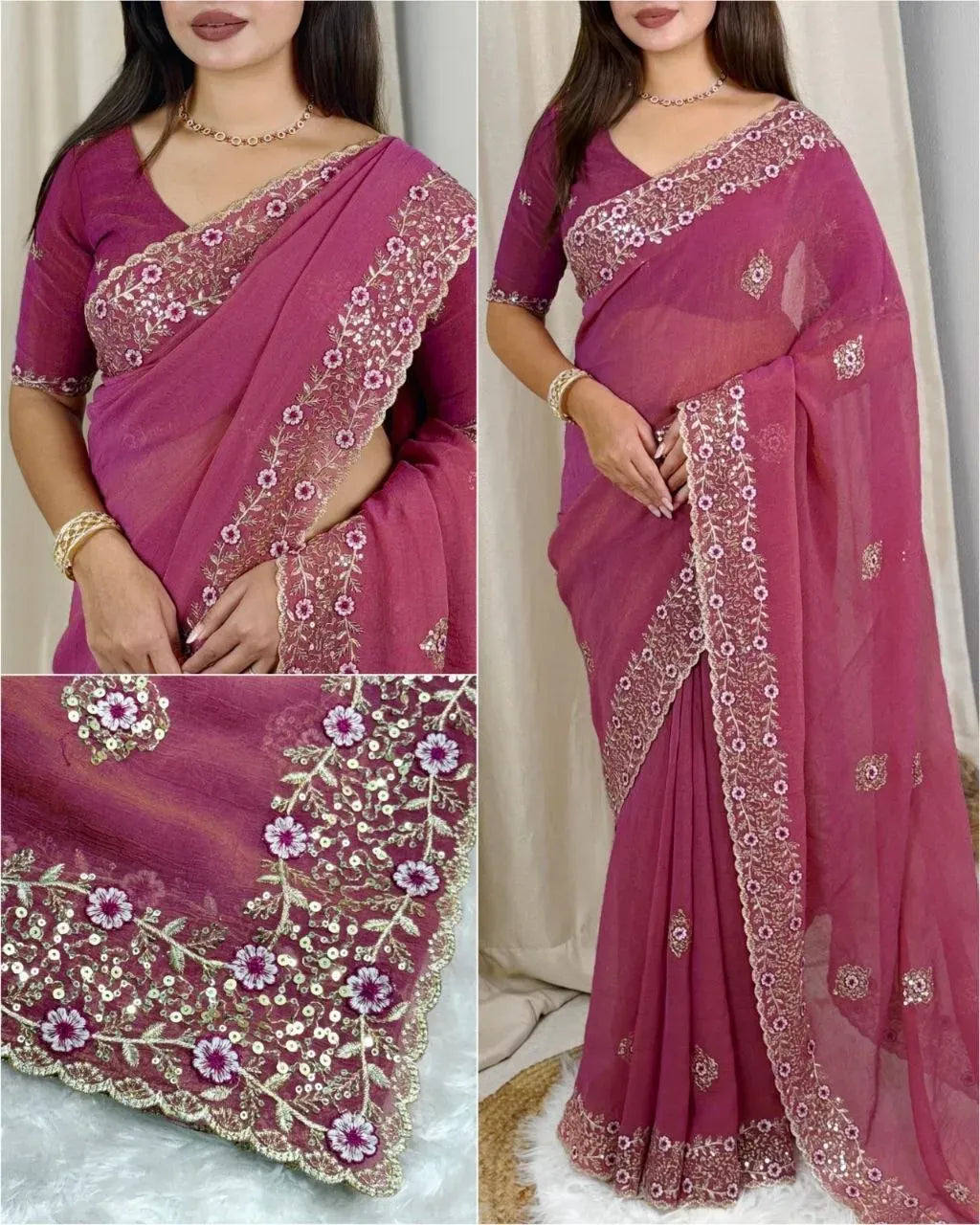 Model wearing a vibrant pink designer tissue crush saree with embroidered border