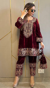 Designer Velvet Kurti-Pant Set for Women | Festive & Party Wear