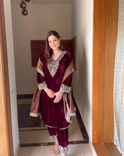 Designer Velvet Top Bottom Dupatta Set for Women | Party Wear