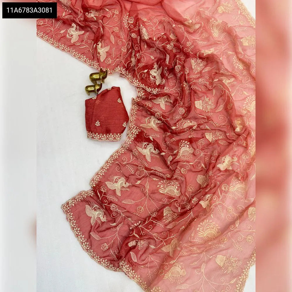 TRENDBUY Designer Viscose Silk Saree in Red with Thread Embroidery and Cut Work Pallu - Flat Lay
