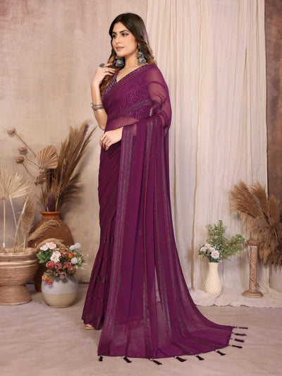 Designer Wine Georgette Saree - Kaju Patta Pattern for Parties