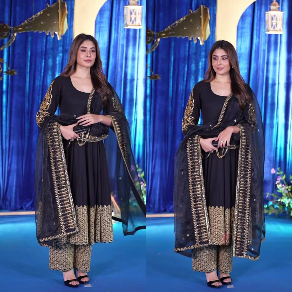 Elegant Women's Designer Anarkali Suit in Black with Gold Embroidery, Full Body Shot