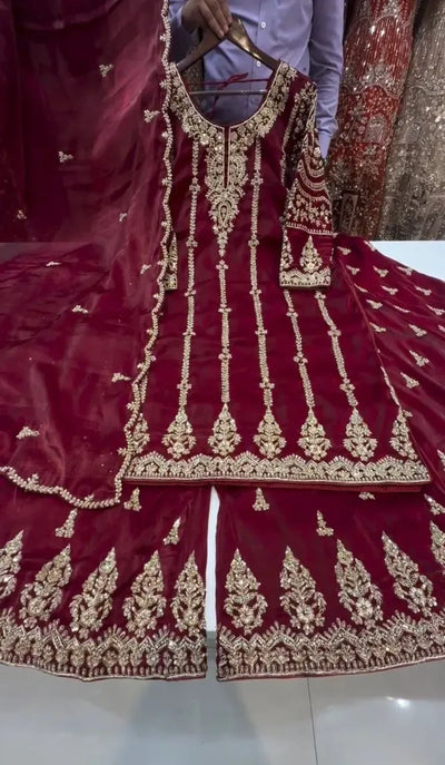 Designer Zmy Silk Sharara Suit Set - Fully Stitched Embroidery for Festive Occasions