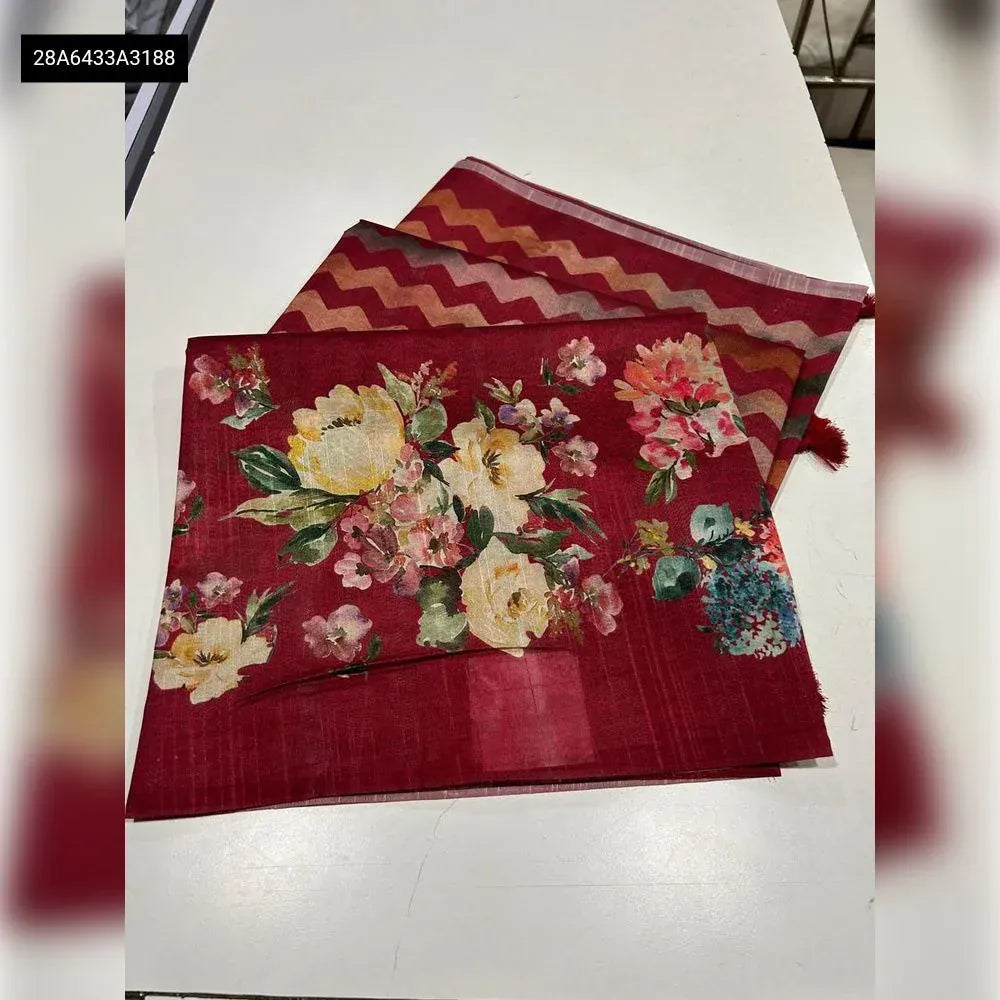 Folded Maroon Red Tussar saree with digital floral pallu and zigzag print.