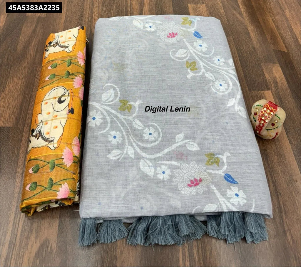 Grey Digital Linen Saree with Kalamkari printed blouse piece and designer tassels