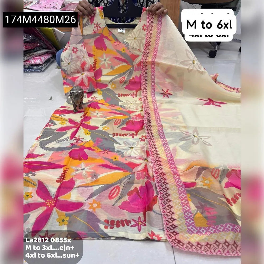 TRENDBUY Digital Print Chanderi Silk Kurti Set - Cream Floral - Full View