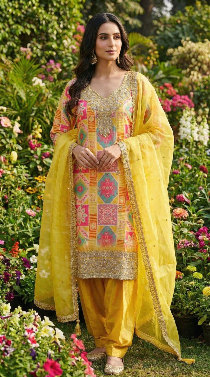 Woman in a yellow digital print Chinon kurti set with mirror work and organza dupatta, posing outdoors.