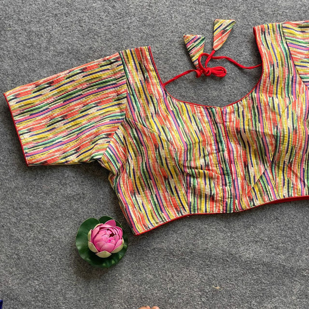 TRENDBUY Vibrant Stripes Digital Print Cotton Silk Blouse with Red Tie-up