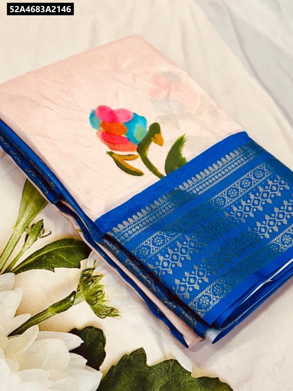 Flat lay of Light Pink Saree with Blue Jacquard Border and Colorful Floral Print