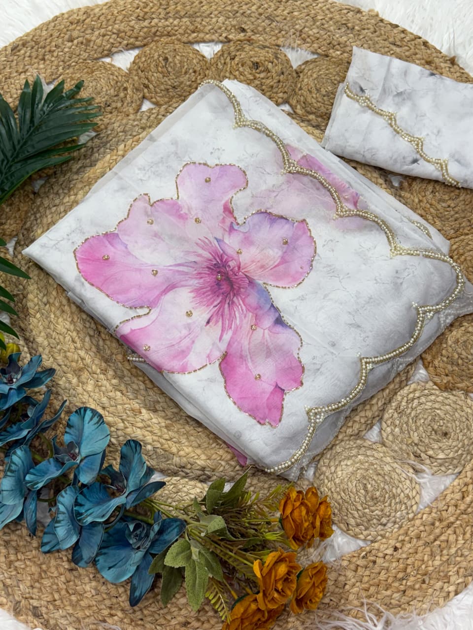 TRENDBUY Ash Blossom Digital Print Tabby Silk Saree with pink floral print and moti handwork border, folded