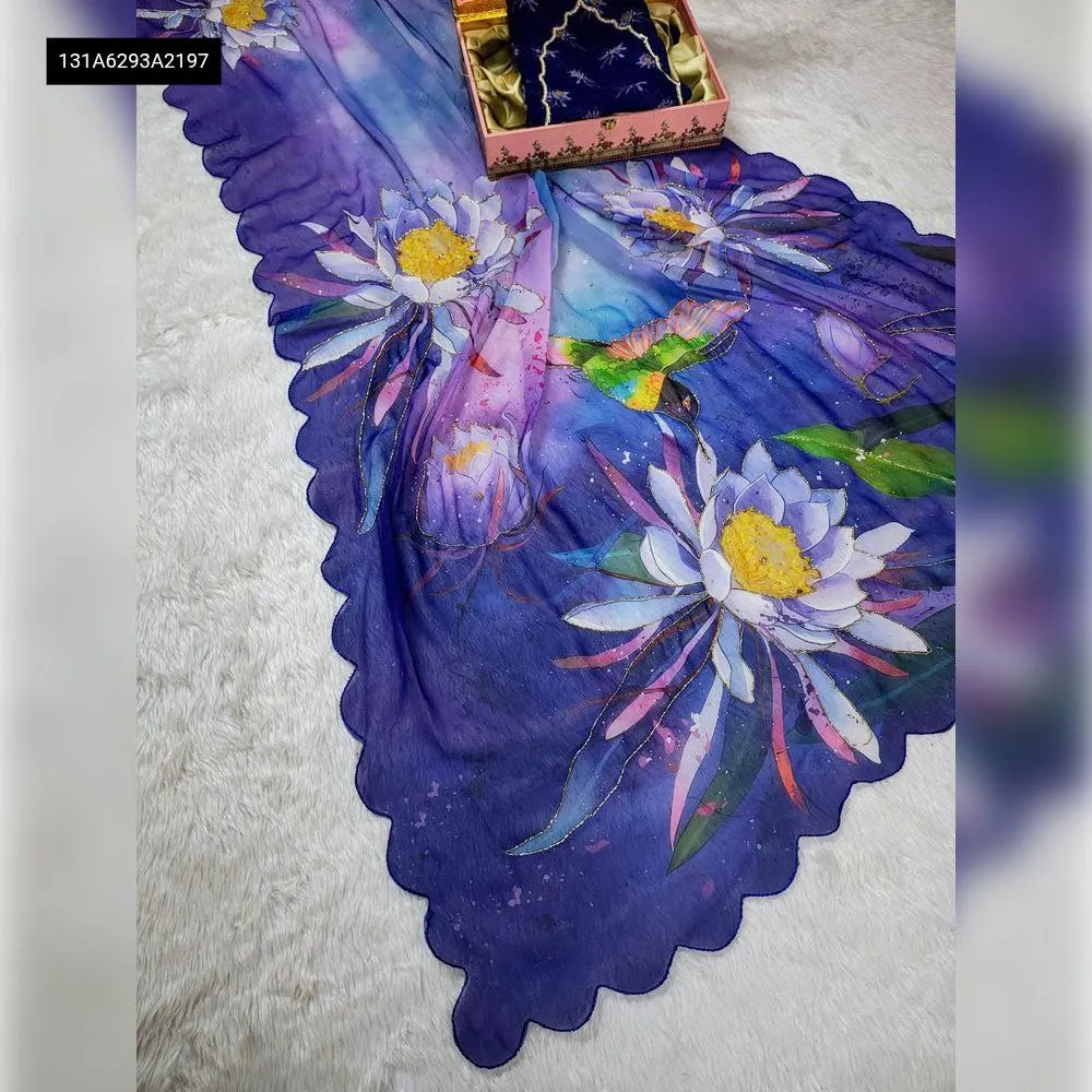 TRENDBUY Royal Violet Georgette Saree with digital print and handwork, featuring large white flowers and a patterned blouse piece on a white surface.